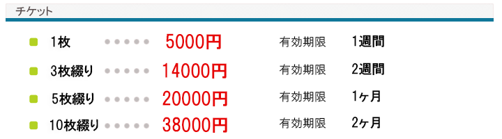 チケット　1枚　3枚綴り　5枚綴り　10枚綴り　それぞれの料金　有効期限あり